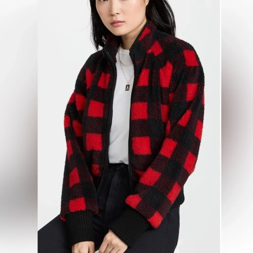 Mother denim the funnel neck bomber jacket buffalo plaid M - Picture 2 of 16